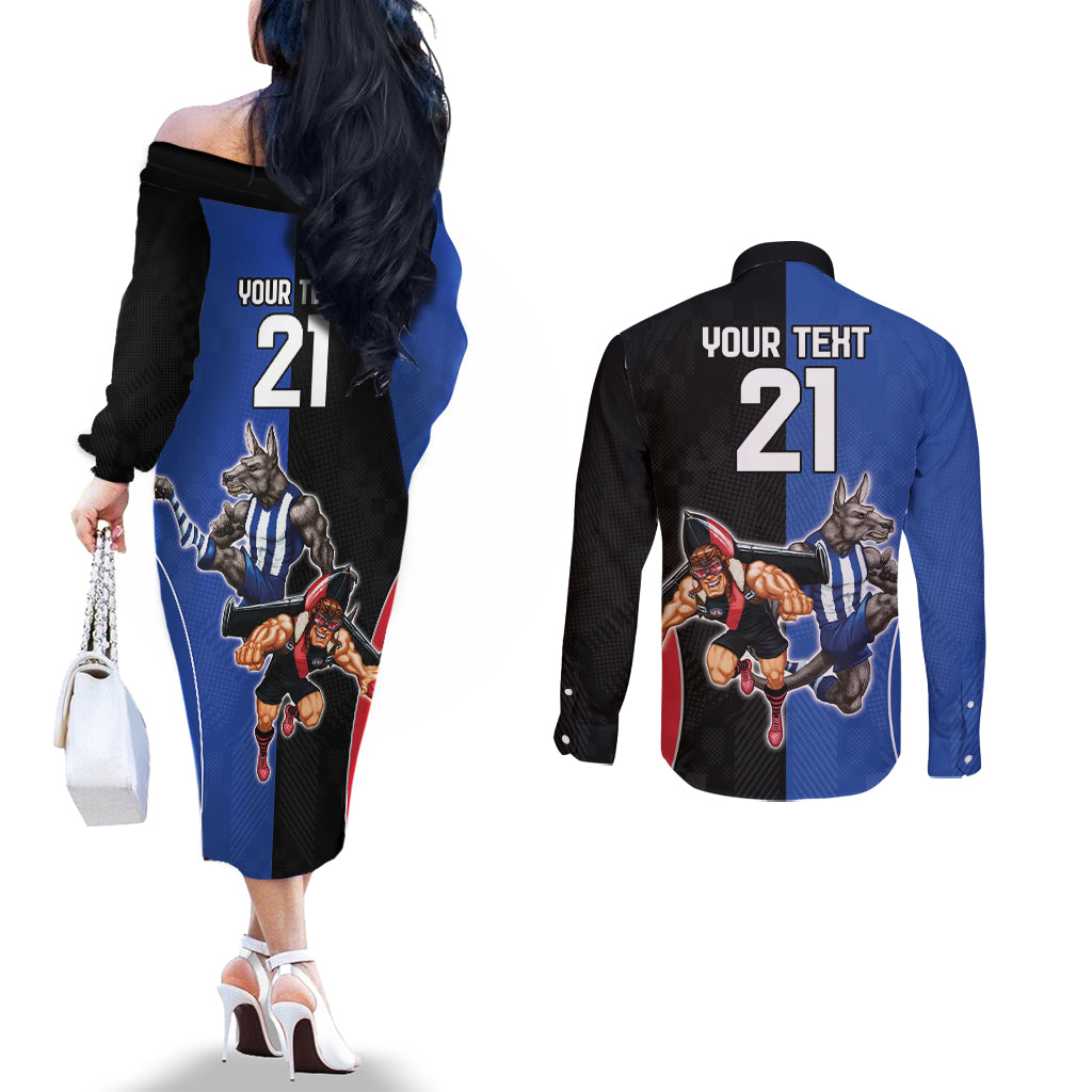 Custom Kangaroos and Bombers Couples Matching Off The Shoulder Long Sleeve Dress and Long Sleeve Button Shirt Together Sporty Style