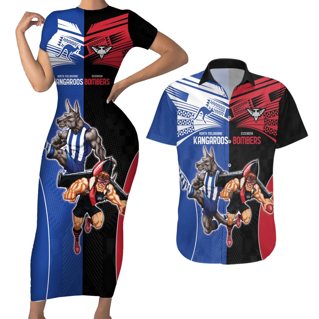 Custom Kangaroos and Bombers Couples Matching Short Sleeve Bodycon Dress and Hawaiian Shirt Together Sporty Style