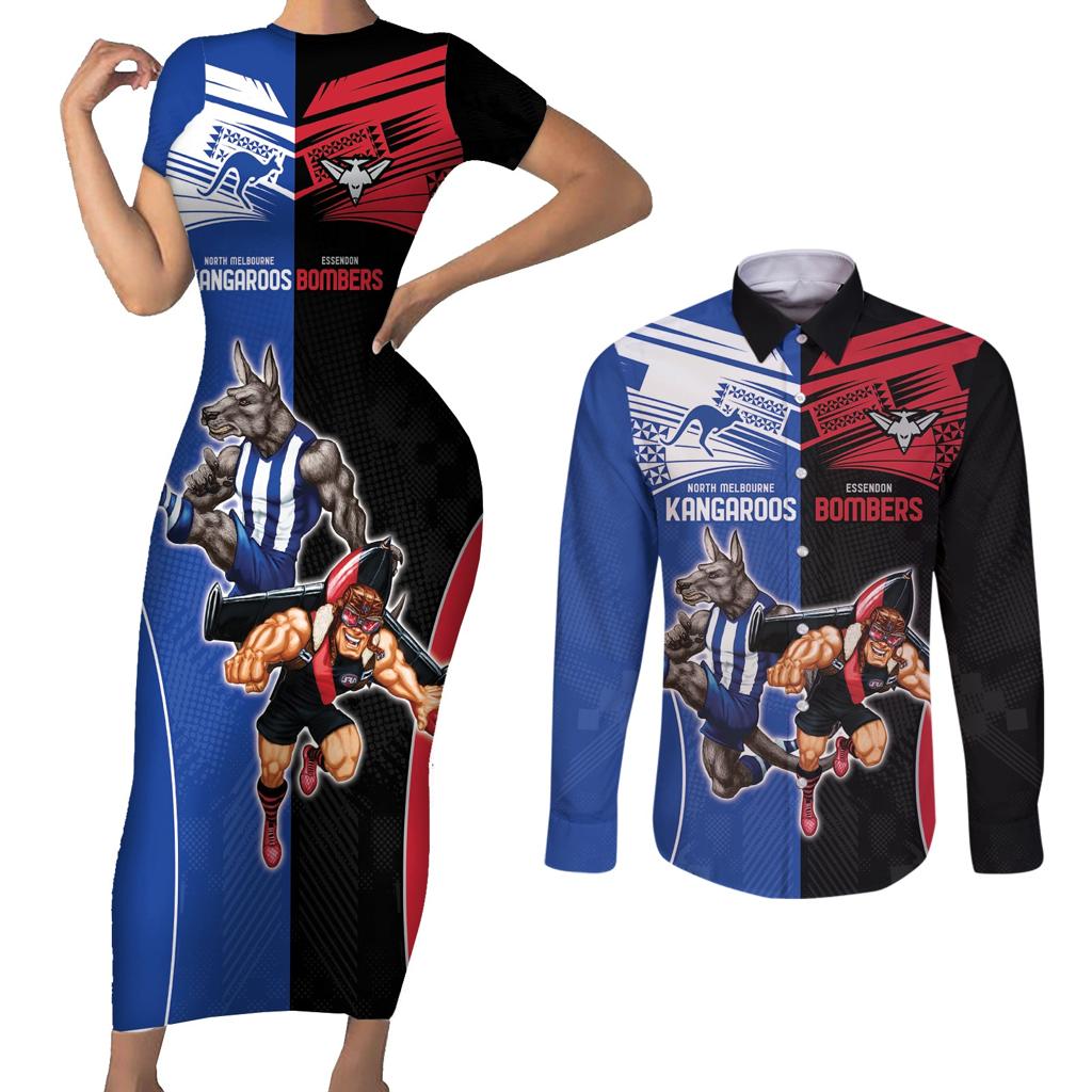 Custom Kangaroos and Bombers Couples Matching Short Sleeve Bodycon Dress and Long Sleeve Button Shirt Together Sporty Style