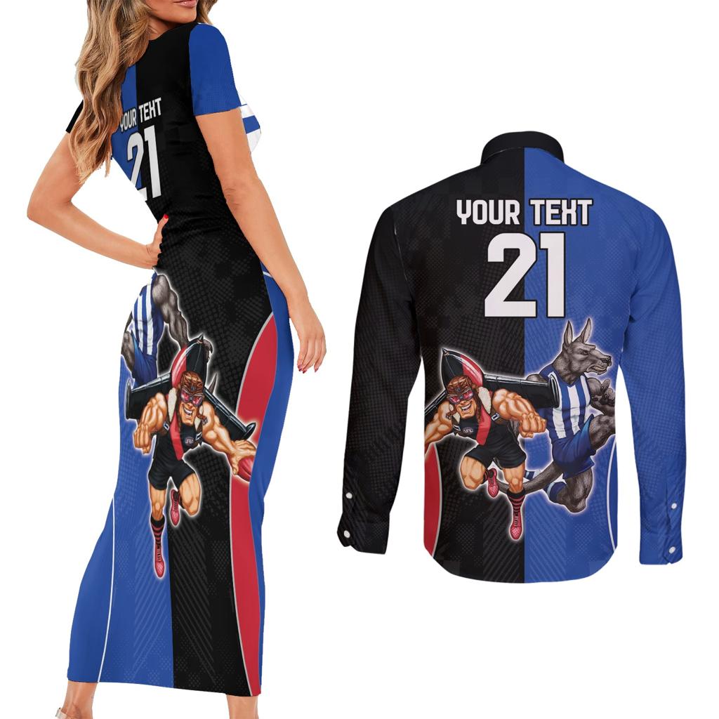 Custom Kangaroos and Bombers Couples Matching Short Sleeve Bodycon Dress and Long Sleeve Button Shirt Together Sporty Style
