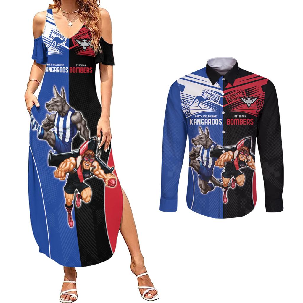 Custom Kangaroos and Bombers Couples Matching Summer Maxi Dress and Long Sleeve Button Shirt Together Sporty Style