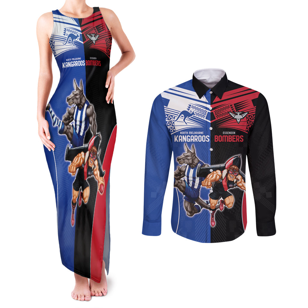 Custom Kangaroos and Bombers Couples Matching Tank Maxi Dress and Long Sleeve Button Shirt Together Sporty Style