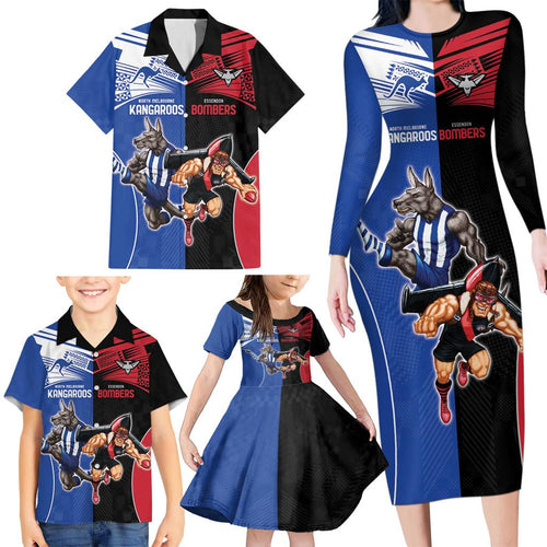 Custom Kangaroos and Bombers Family Matching Long Sleeve Bodycon Dress and Hawaiian Shirt Together Sporty Style