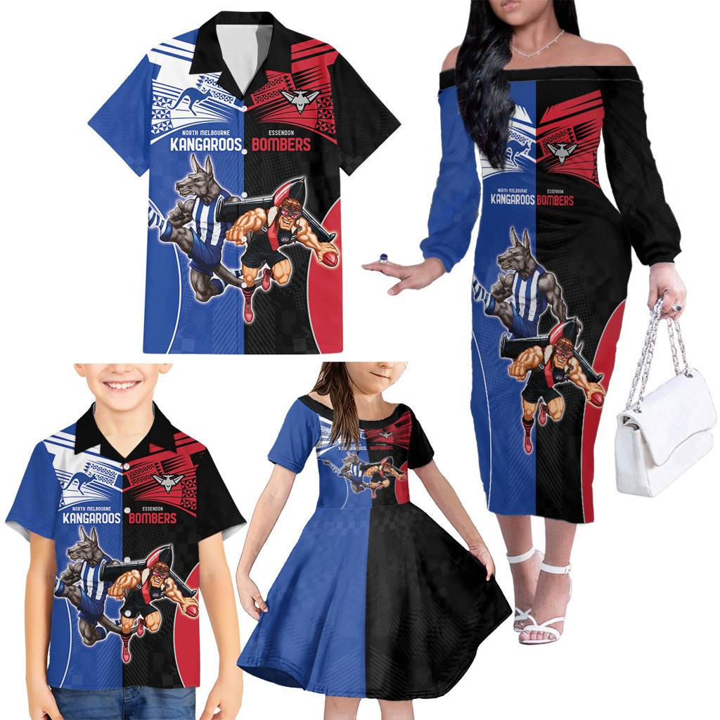 Custom Kangaroos and Bombers Family Matching Off The Shoulder Long Sleeve Dress and Hawaiian Shirt Together Sporty Style