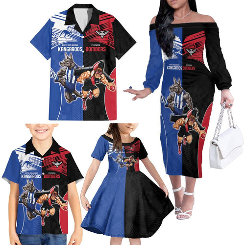 Custom Kangaroos and Bombers Family Matching Off The Shoulder Long Sleeve Dress and Hawaiian Shirt Together Sporty Style