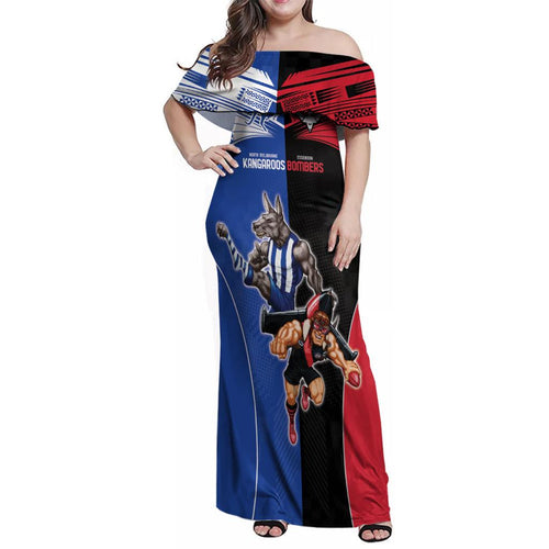 Custom Kangaroos and Bombers Family Matching Off Shoulder Maxi Dress and Hawaiian Shirt Together Sporty Style