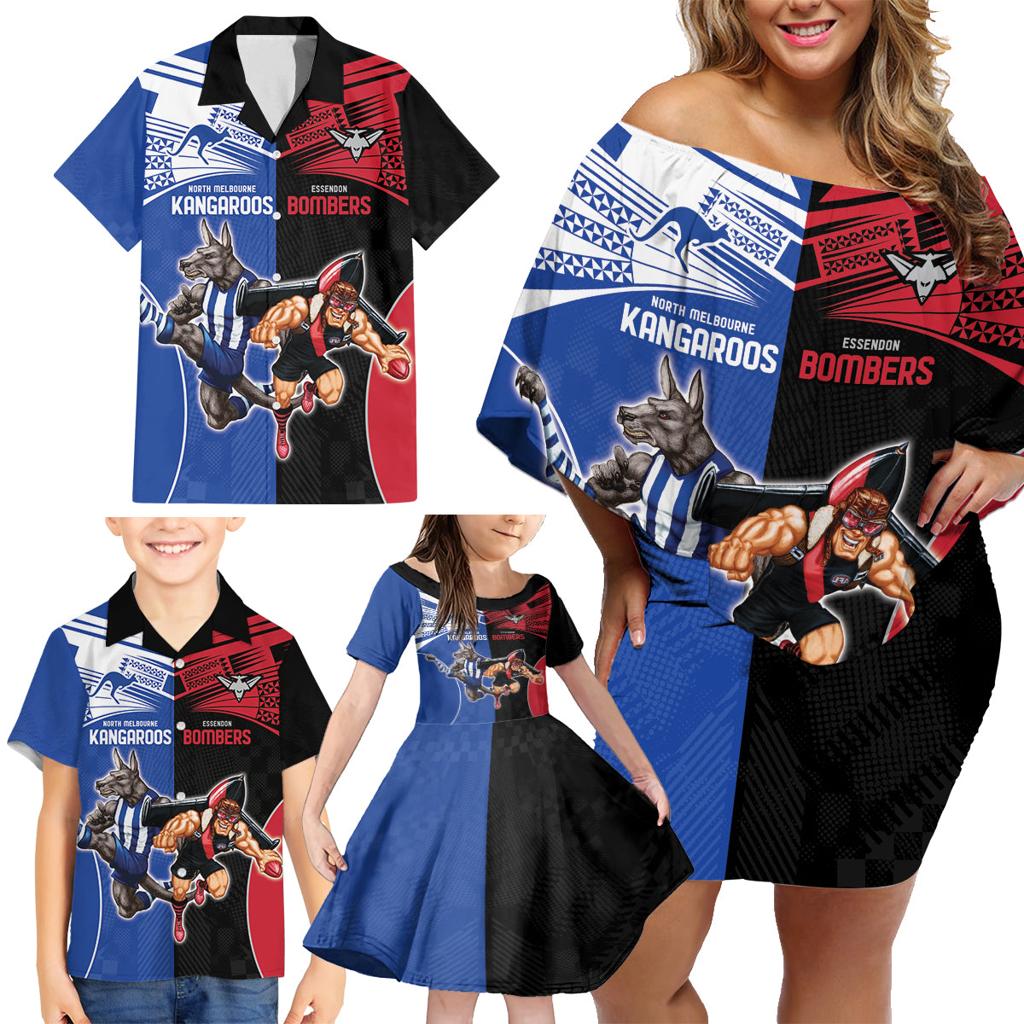 Custom Kangaroos and Bombers Family Matching Off Shoulder Short Dress and Hawaiian Shirt Together Sporty Style