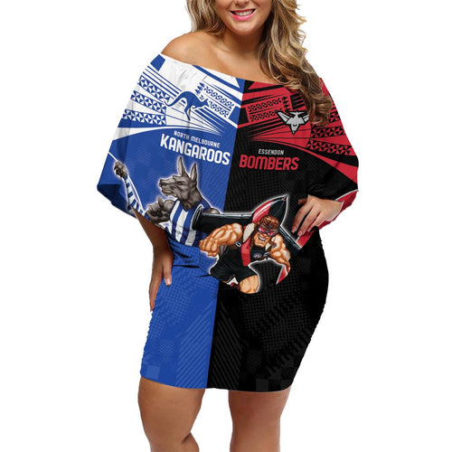 Custom Kangaroos and Bombers Family Matching Off Shoulder Short Dress and Hawaiian Shirt Together Sporty Style