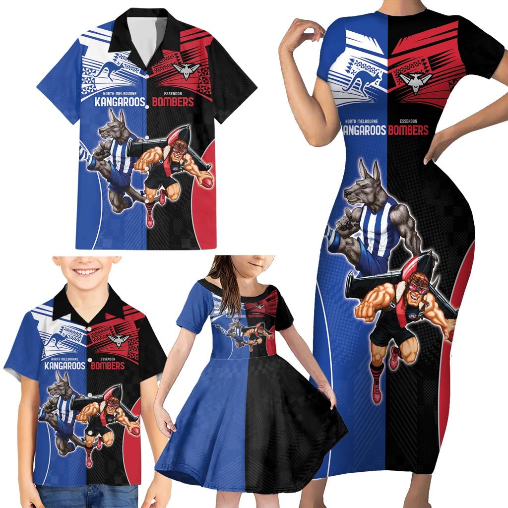 Custom Kangaroos and Bombers Family Matching Short Sleeve Bodycon Dress and Hawaiian Shirt Together Sporty Style