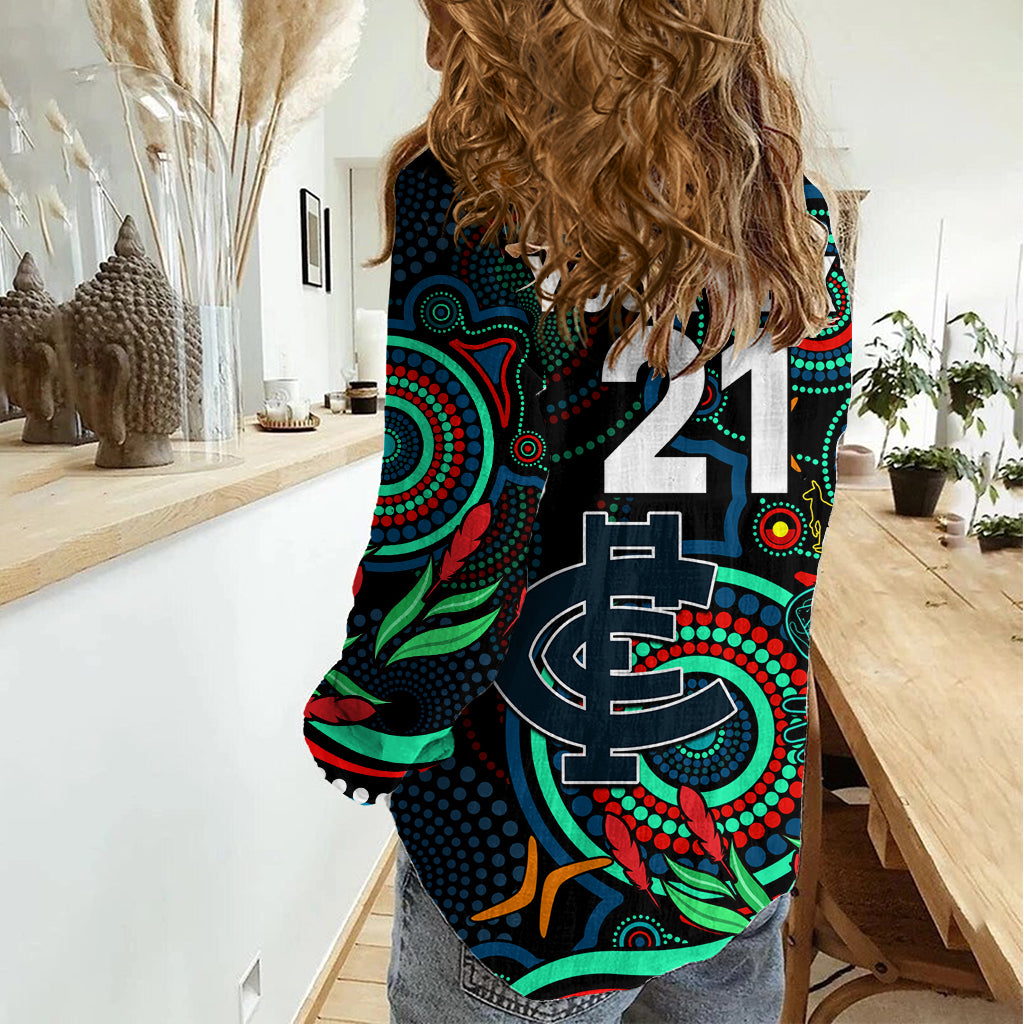 Custom Carlton Blues Football Aboriginal Art Women Casual Shirt NAIDOC Indigenous Tribal LT9