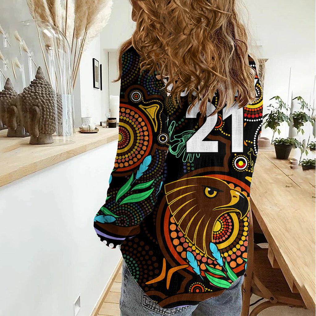 Custom Hawks Football Aboriginal Art Women Casual Shirt NAIDOC Indigenous Tribal LT9