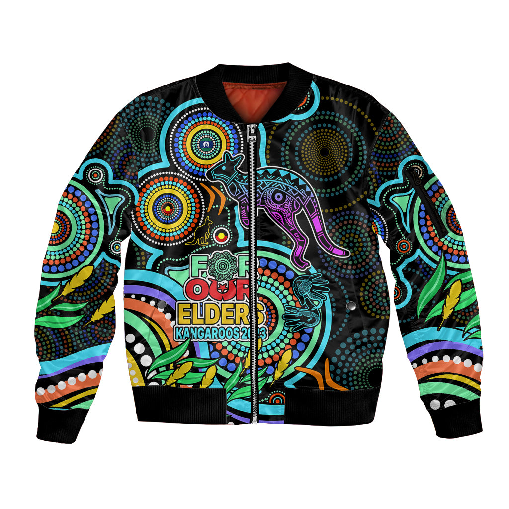 custom-kangaroos-football-aboriginal-art-sleeve-zip-bomber-jacket-naidoc-indigenous-tribal