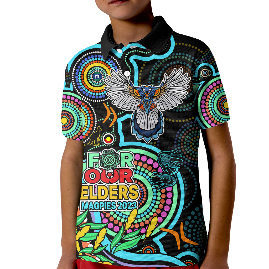 custom-magpies-football-aboriginal-art-kid-polo-shirt-naidoc-indigenous-tribal