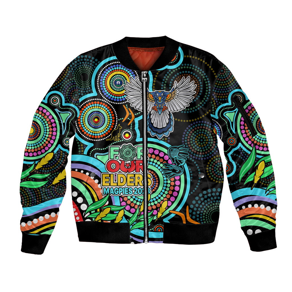 custom-magpies-football-aboriginal-art-sleeve-zip-bomber-jacket-naidoc-indigenous-tribal
