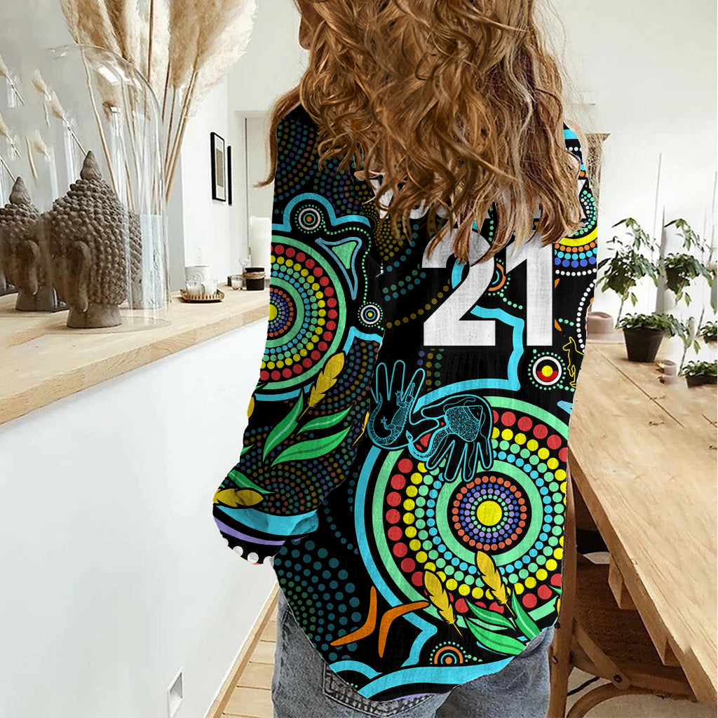 Custom Port Adelaide Football Aboriginal Art Women Casual Shirt NAIDOC Indigenous Tribal LT9