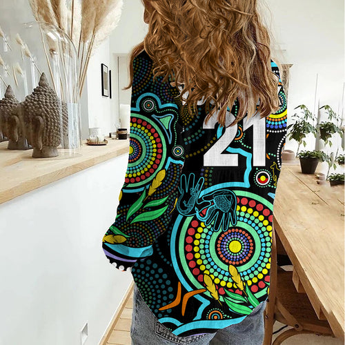 Custom Port Adelaide Football Aboriginal Art Women Casual Shirt NAIDOC Indigenous Tribal LT9