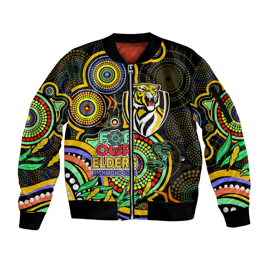 custom-richmond-football-aboriginal-art-sleeve-zip-bomber-jacket-naidoc-indigenous-tribal