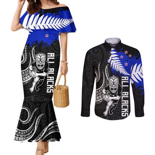aotearoa-rugby-couples-matching-mermaid-dress-and-long-sleeve-button-shirts-all-black-maori-fern
