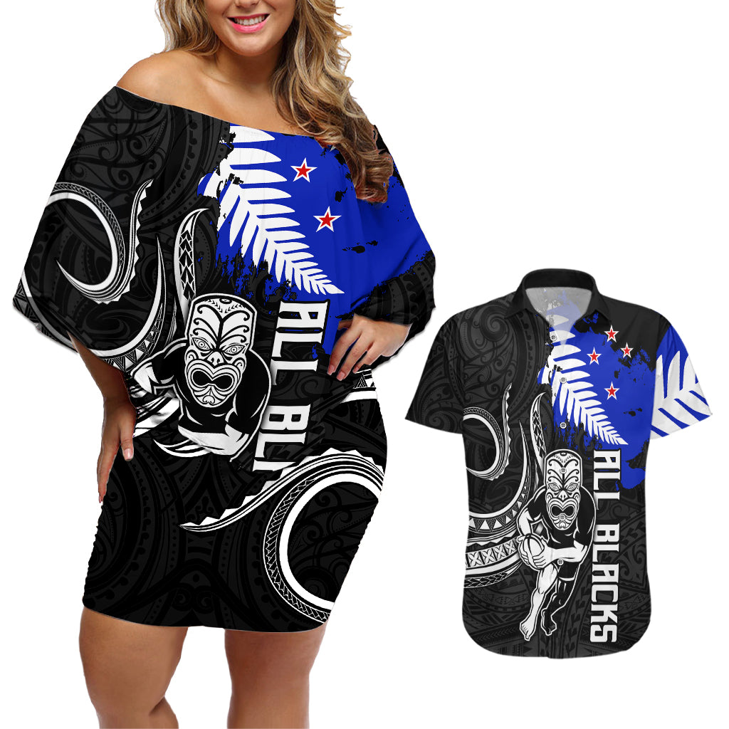 aotearoa-rugby-couples-matching-off-shoulder-short-dress-and-hawaiian-shirt-all-black-maori-fern