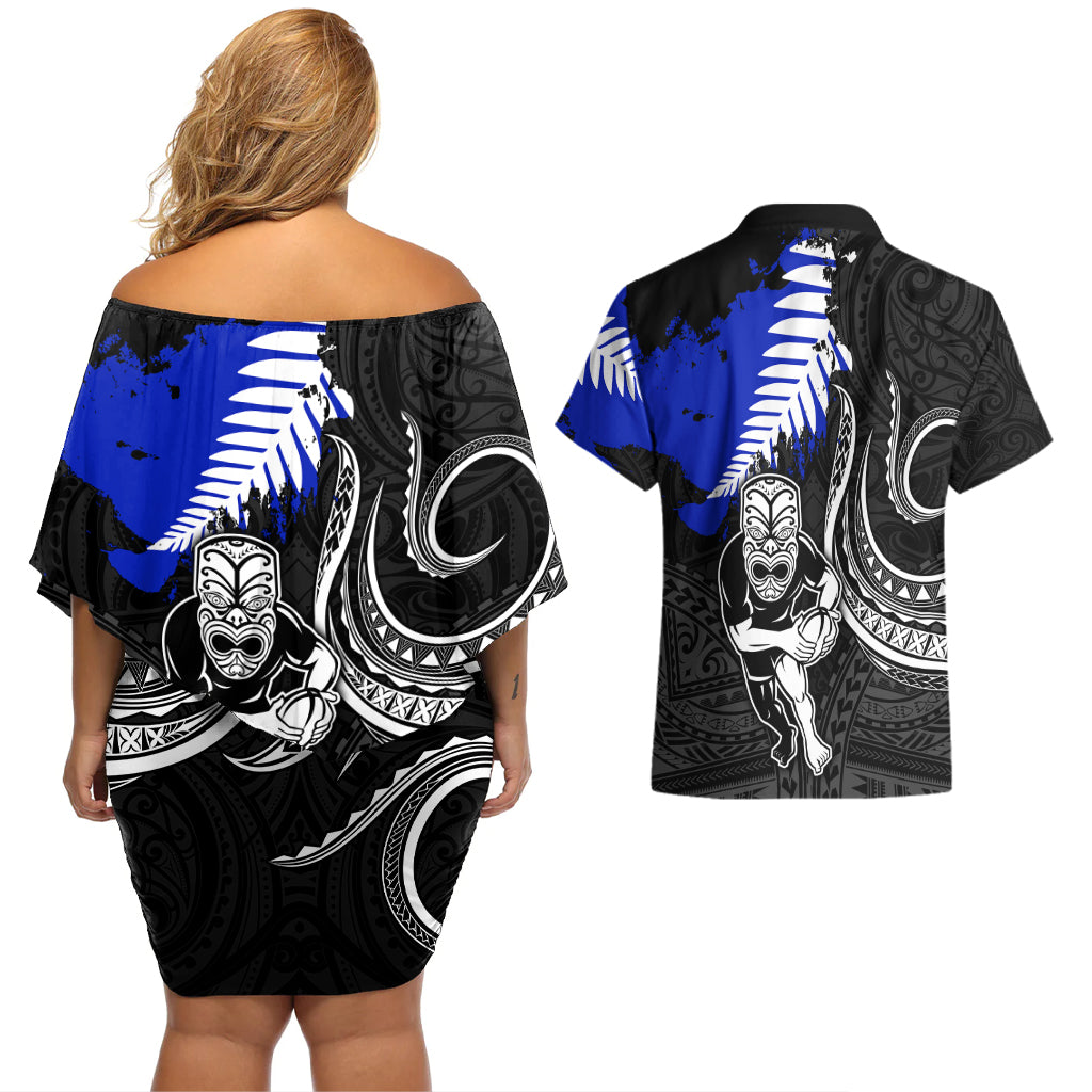 aotearoa-rugby-couples-matching-off-shoulder-short-dress-and-hawaiian-shirt-all-black-maori-fern