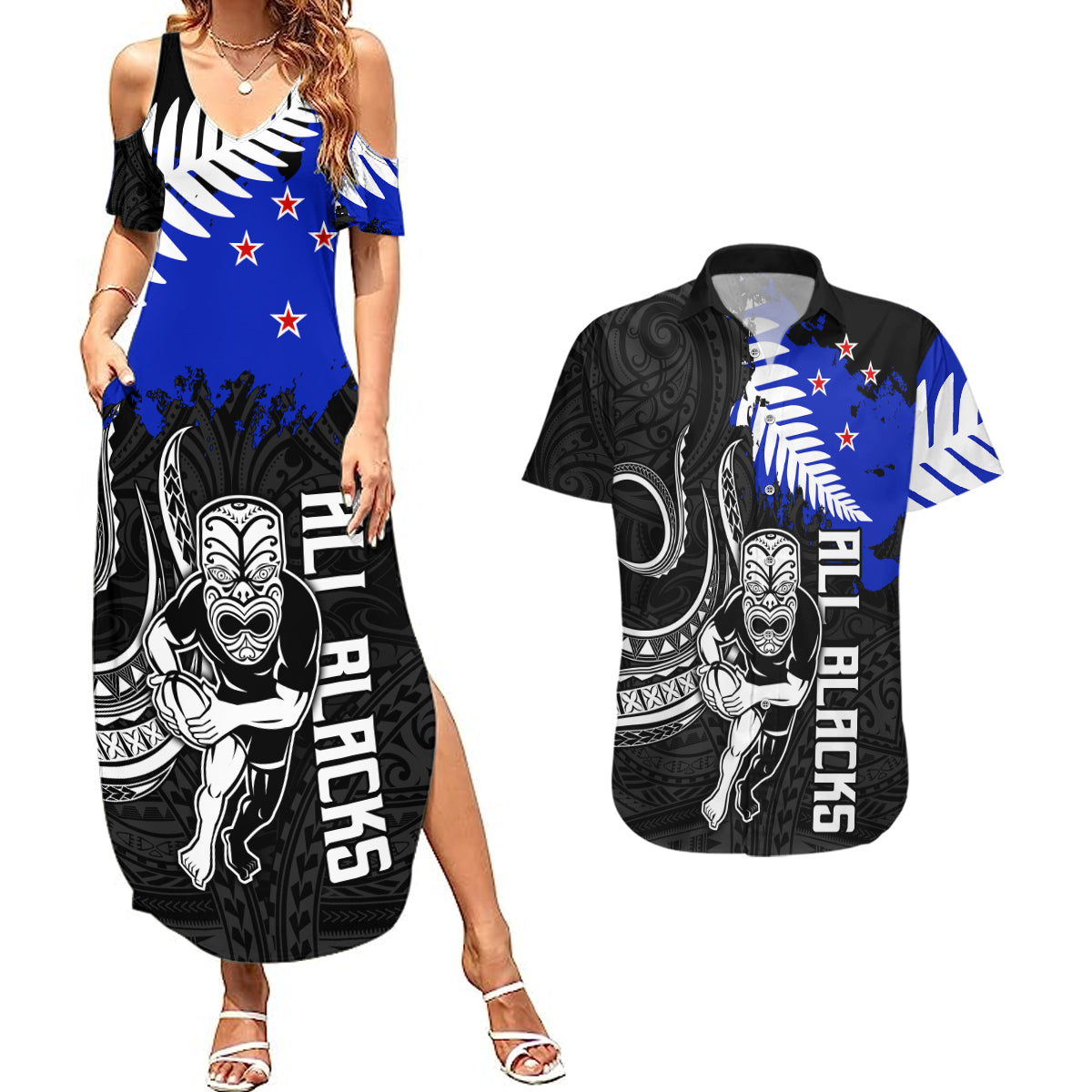 aotearoa-rugby-couples-matching-summer-maxi-dress-and-hawaiian-shirt-all-black-maori-fern