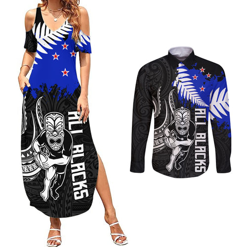 aotearoa-rugby-couples-matching-summer-maxi-dress-and-long-sleeve-button-shirts-all-black-maori-fern