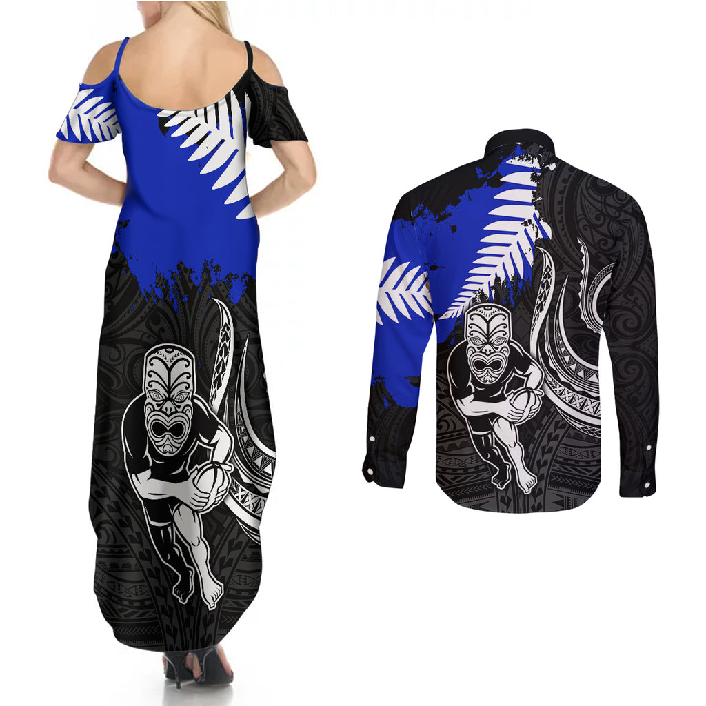 aotearoa-rugby-couples-matching-summer-maxi-dress-and-long-sleeve-button-shirts-all-black-maori-fern