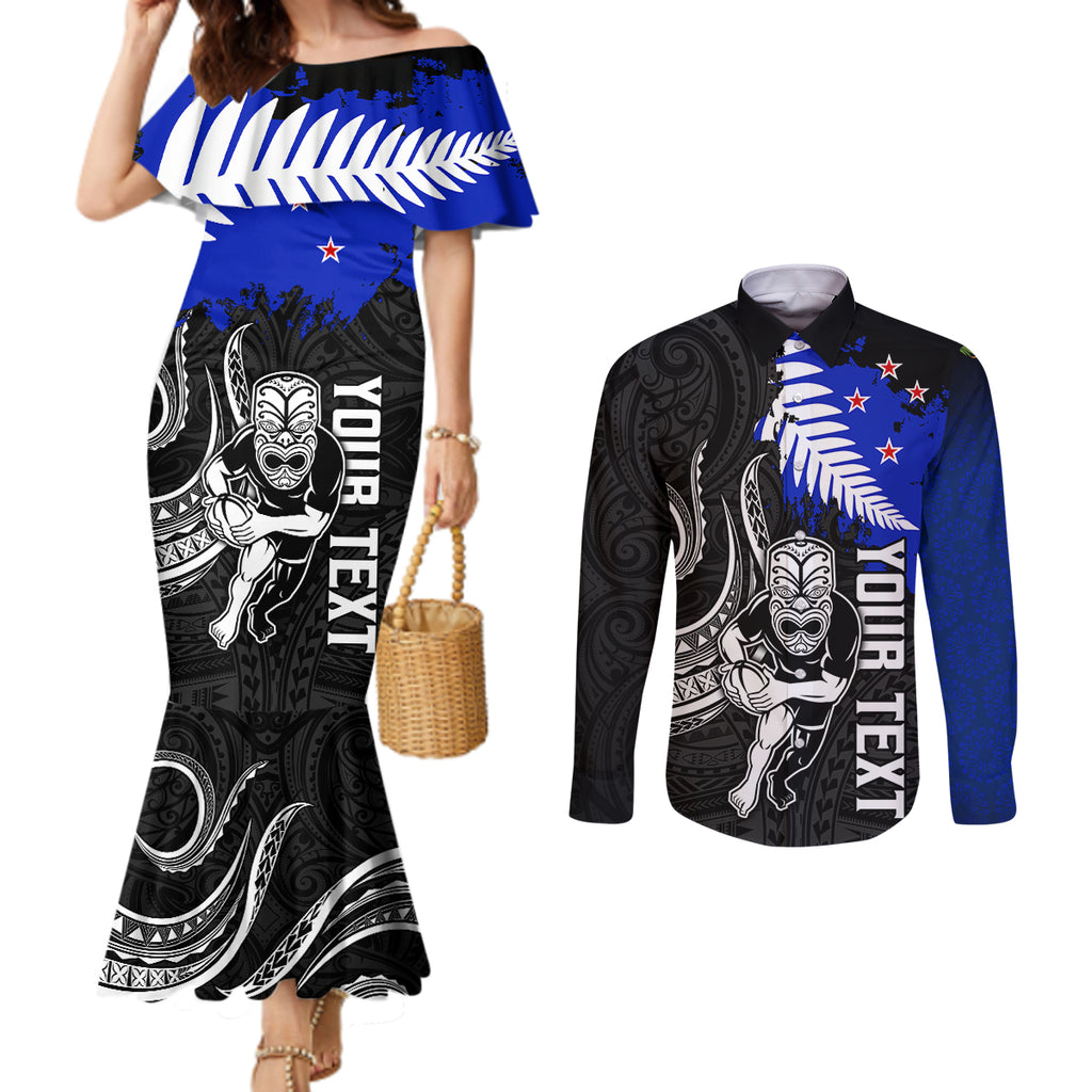 personalised-aotearoa-rugby-couples-matching-mermaid-dress-and-long-sleeve-button-shirts-all-black-maori-fern