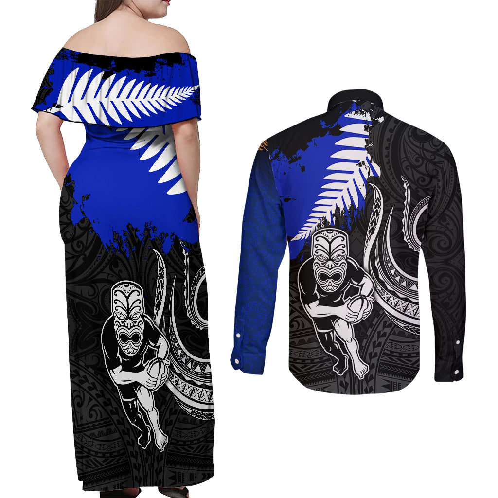 personalised-aotearoa-rugby-couples-matching-off-shoulder-maxi-dress-and-long-sleeve-button-shirts-all-black-maori-fern