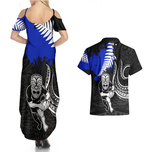 personalised-aotearoa-rugby-couples-matching-summer-maxi-dress-and-hawaiian-shirt-all-black-maori-fern