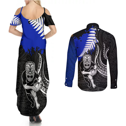 personalised-aotearoa-rugby-couples-matching-summer-maxi-dress-and-long-sleeve-button-shirts-all-black-maori-fern