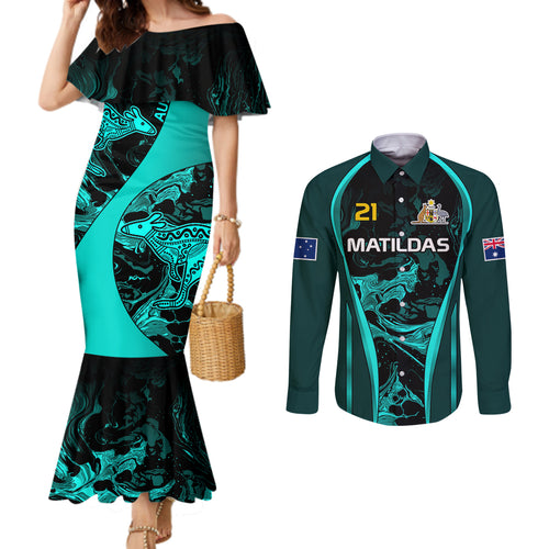 matildas-australia-soccer-couples-matching-mermaid-dress-and-long-sleeve-button-shirts-liquid-marble-texture-vibe
