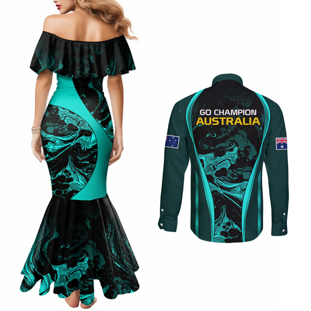 matildas-australia-soccer-couples-matching-mermaid-dress-and-long-sleeve-button-shirts-liquid-marble-texture-vibe