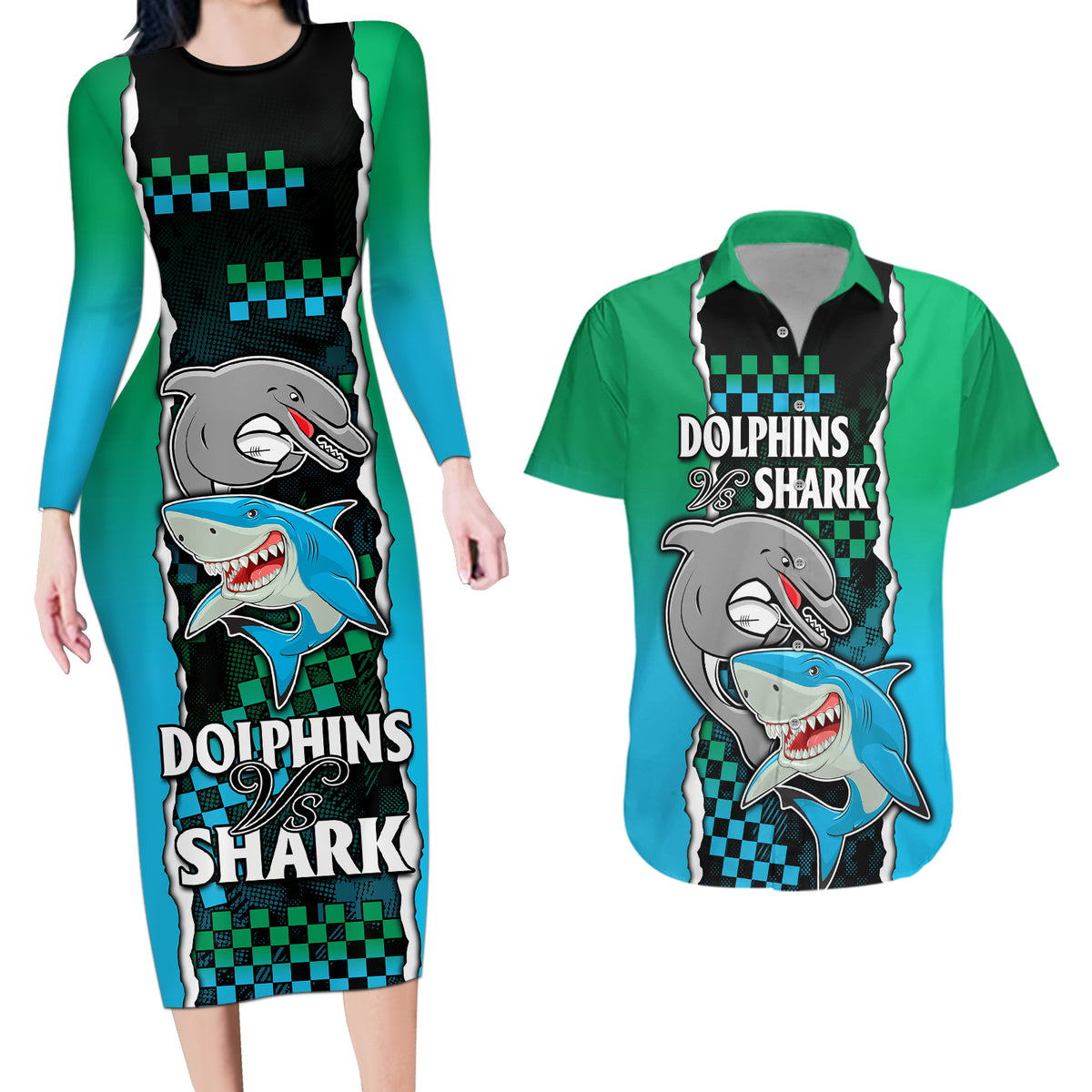 nrl-combine-rabbitohs-and-shark-couples-matching-long-sleeve-bodycon-dress-and-hawaiian-shirt-sporty-style