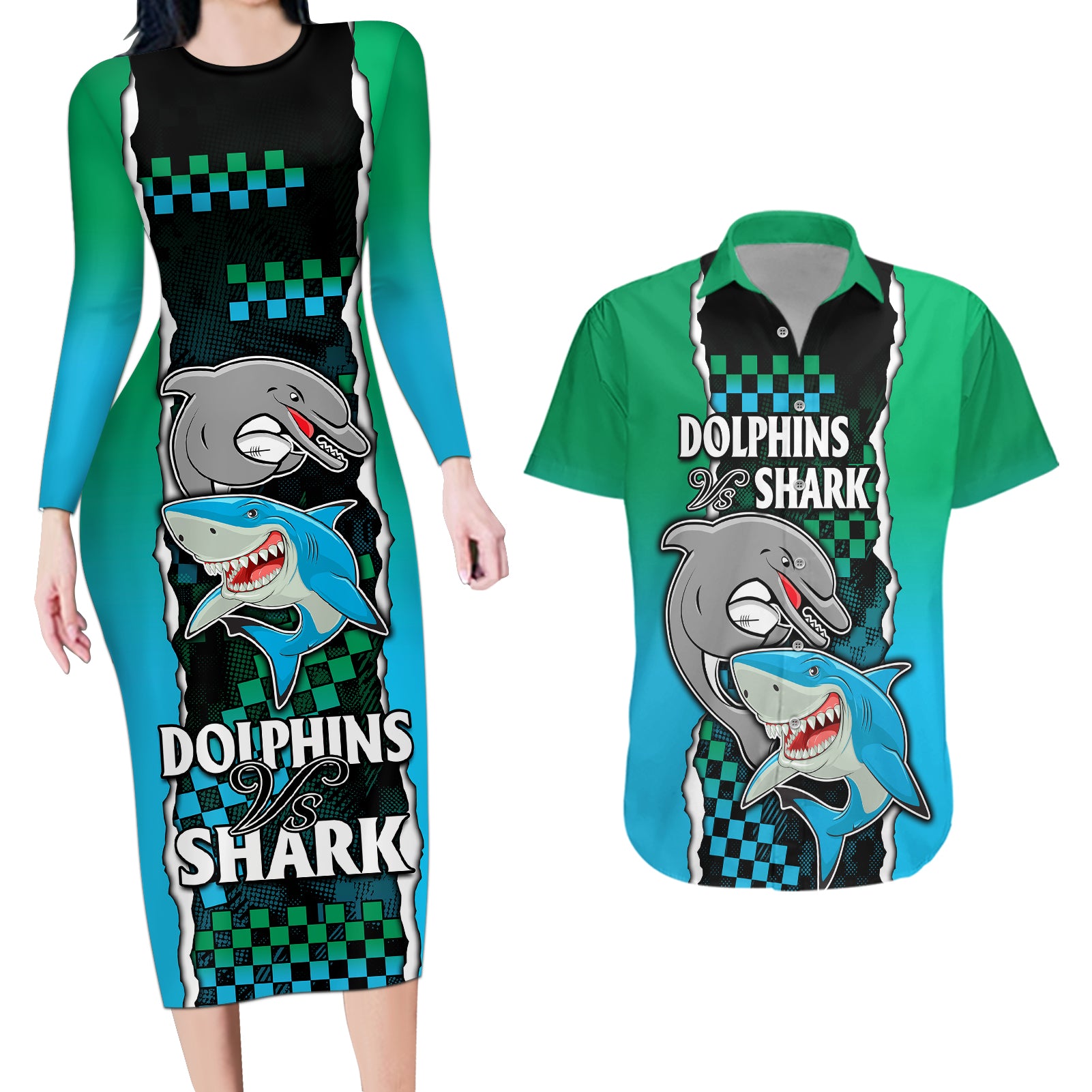 nrl-combine-rabbitohs-and-shark-couples-matching-long-sleeve-bodycon-dress-and-hawaiian-shirt-sporty-style