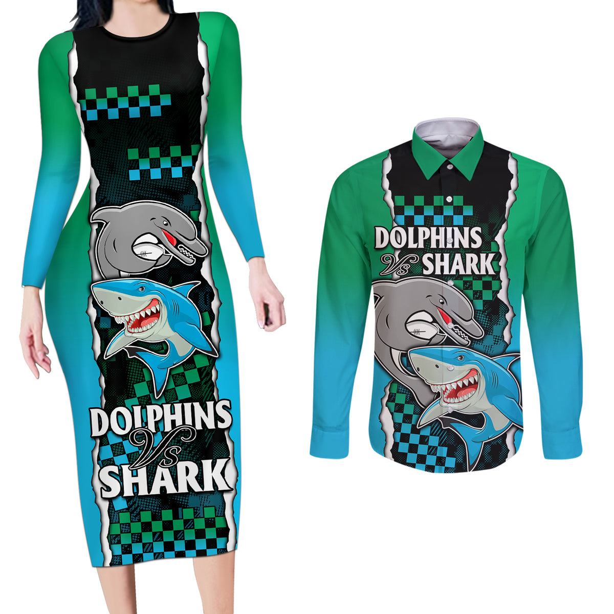 nrl-combine-rabbitohs-and-shark-couples-matching-long-sleeve-bodycon-dress-and-long-sleeve-button-shirts-sporty-style