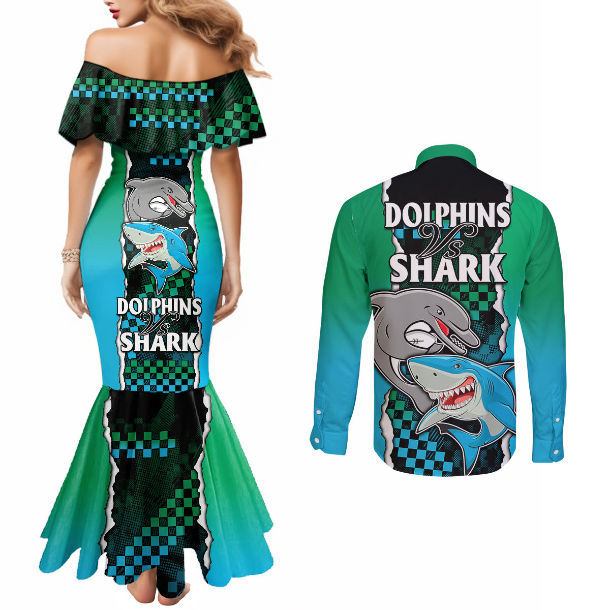 nrl-combine-rabbitohs-and-shark-couples-matching-mermaid-dress-and-long-sleeve-button-shirts-sporty-style