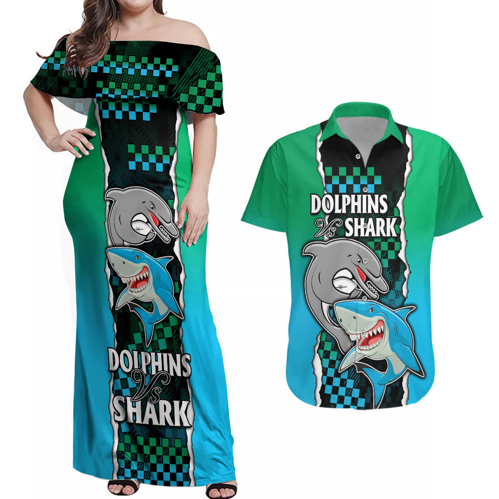 nrl-combine-rabbitohs-and-shark-couples-matching-off-shoulder-maxi-dress-and-hawaiian-shirt-sporty-style