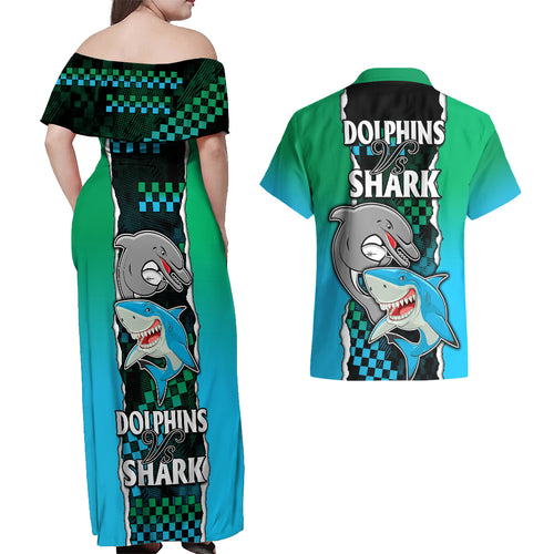 nrl-combine-rabbitohs-and-shark-couples-matching-off-shoulder-maxi-dress-and-hawaiian-shirt-sporty-style