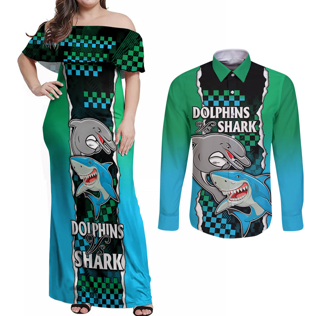 nrl-combine-rabbitohs-and-shark-couples-matching-off-shoulder-maxi-dress-and-long-sleeve-button-shirts-sporty-style