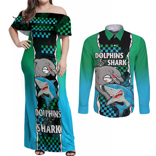 nrl-combine-rabbitohs-and-shark-couples-matching-off-shoulder-maxi-dress-and-long-sleeve-button-shirts-sporty-style