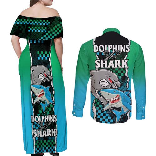 nrl-combine-rabbitohs-and-shark-couples-matching-off-shoulder-maxi-dress-and-long-sleeve-button-shirts-sporty-style