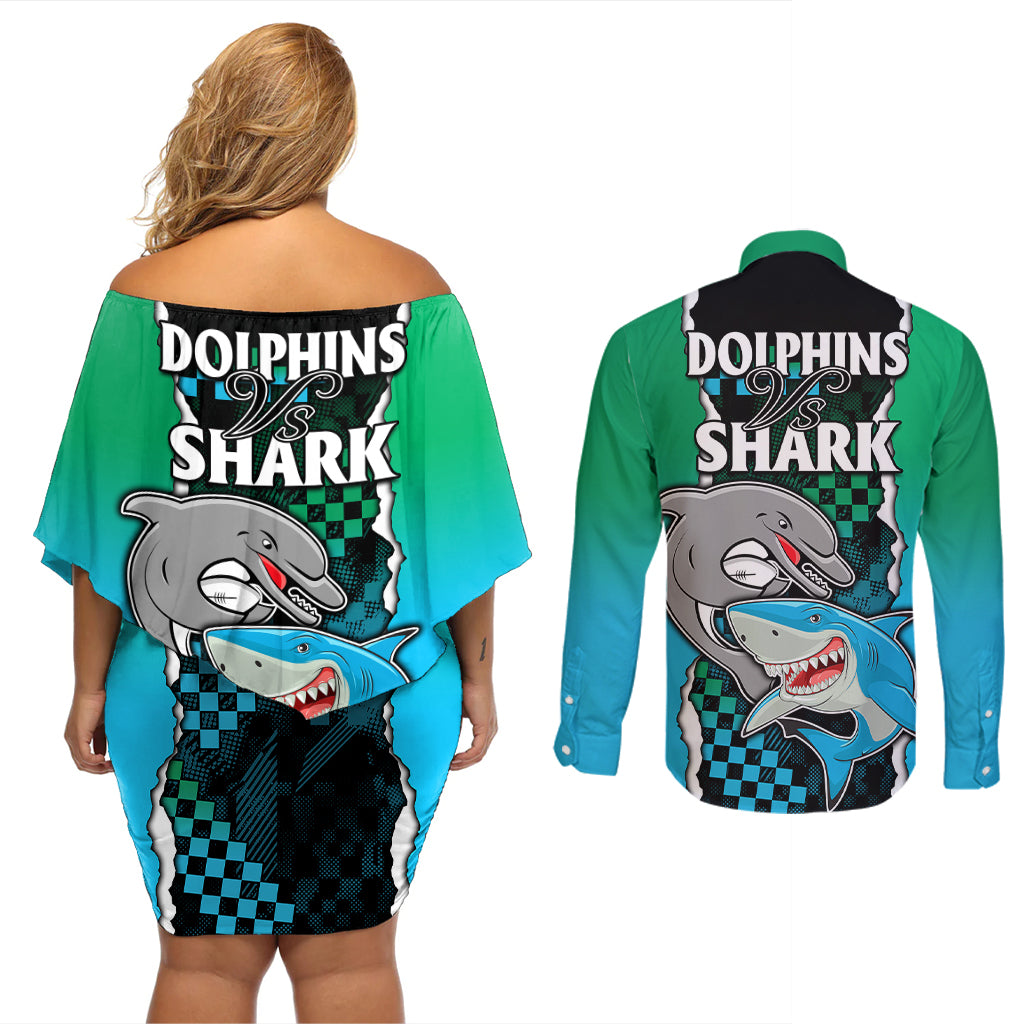 nrl-combine-rabbitohs-and-shark-couples-matching-off-shoulder-short-dress-and-long-sleeve-button-shirts-sporty-style