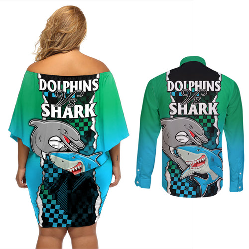 nrl-combine-rabbitohs-and-shark-couples-matching-off-shoulder-short-dress-and-long-sleeve-button-shirts-sporty-style