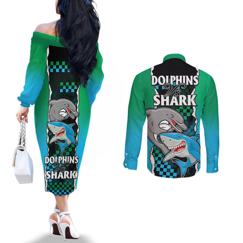 nrl-combine-rabbitohs-and-shark-couples-matching-off-the-shoulder-long-sleeve-dress-and-long-sleeve-button-shirts-sporty-style