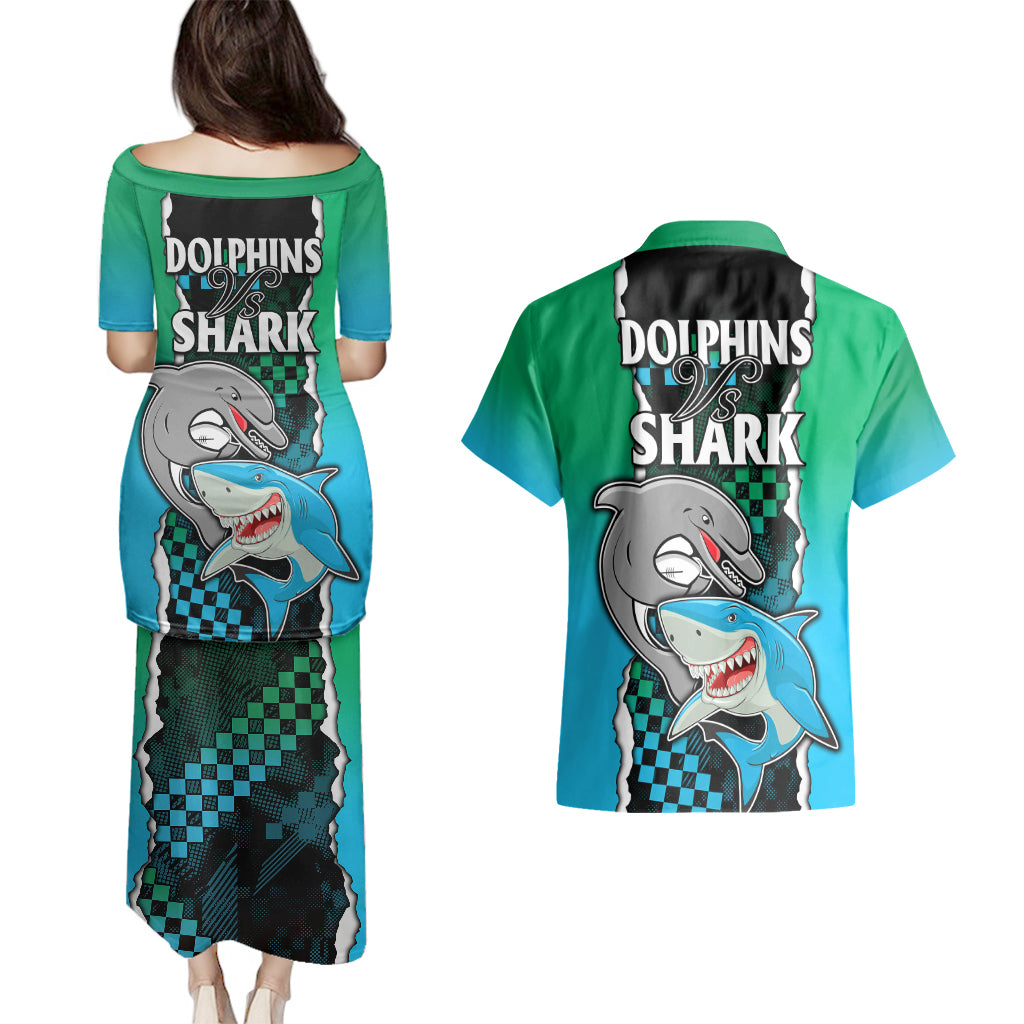 nrl-combine-rabbitohs-and-shark-couples-matching-puletasi-dress-and-hawaiian-shirt-sporty-style