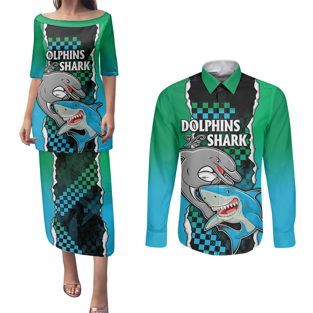 nrl-combine-rabbitohs-and-shark-couples-matching-puletasi-dress-and-long-sleeve-button-shirts-sporty-style