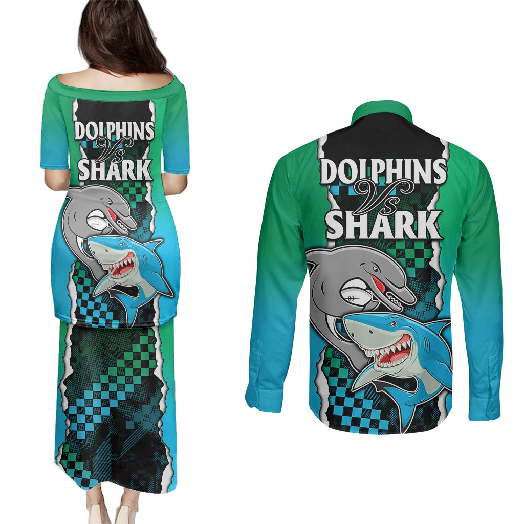 nrl-combine-rabbitohs-and-shark-couples-matching-puletasi-dress-and-long-sleeve-button-shirts-sporty-style