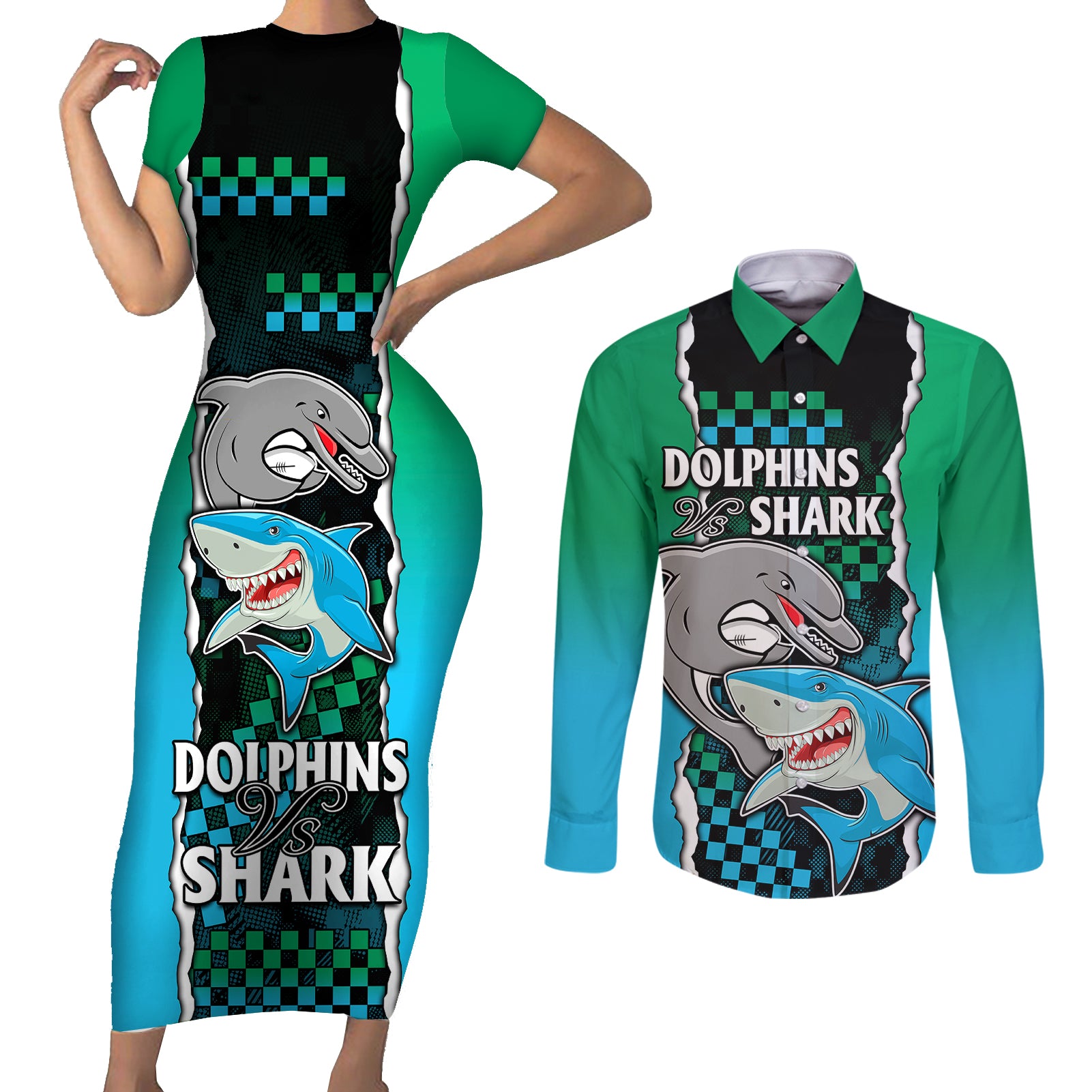nrl-combine-rabbitohs-and-shark-couples-matching-short-sleeve-bodycon-dress-and-long-sleeve-button-shirts-sporty-style