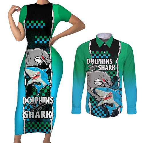 nrl-combine-rabbitohs-and-shark-couples-matching-short-sleeve-bodycon-dress-and-long-sleeve-button-shirts-sporty-style